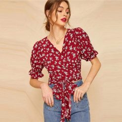 KYKU Store Tops Ditsy Tie Wrap Blouse