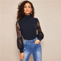 SheIn Official Store Lantern Mesh Blouse Tops