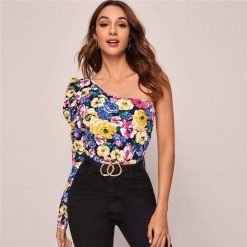 SheIn Official Store One Shoulder Floral Print Top