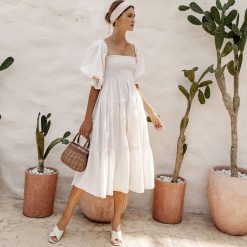 Boho Chic Clothing Casual SQUARE NECK RUFFLE MIDI DRESS